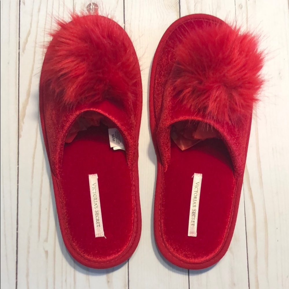 Victoria's Secret Red Pom Pom Slippers